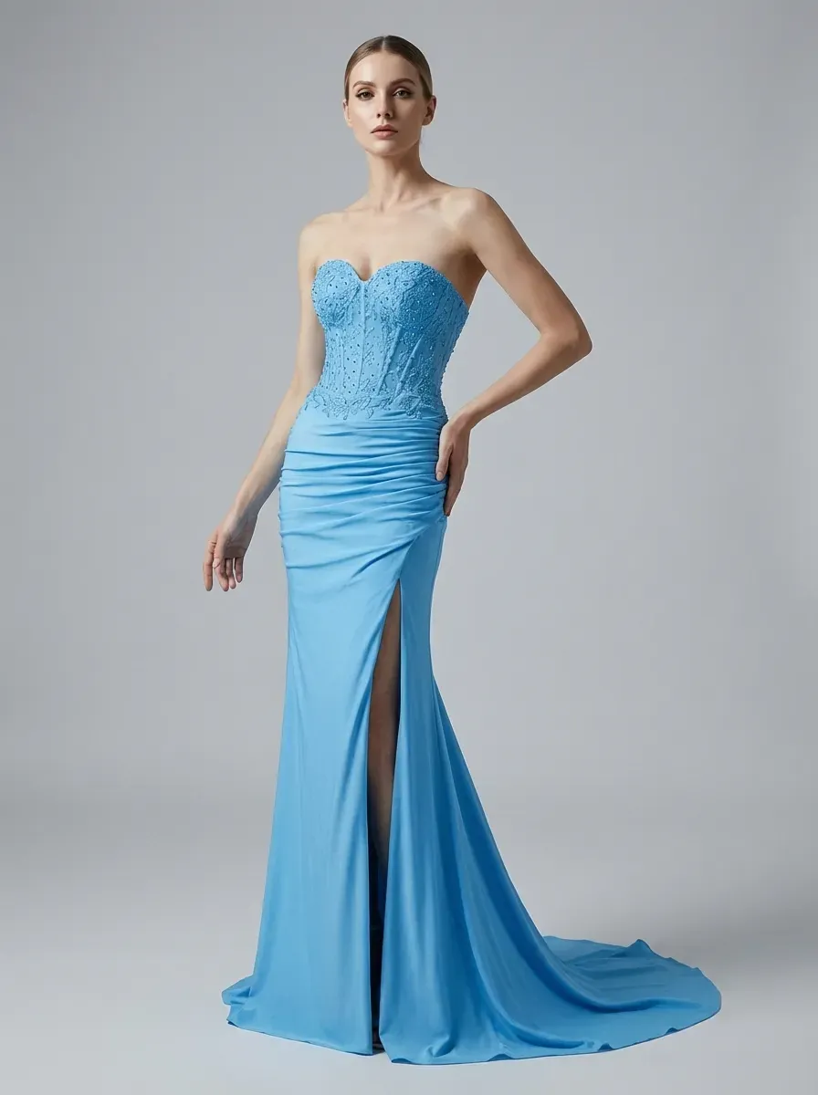Fuchsia Mermaid Prom Dress | Strapless Ruched Corset Gown with Slit