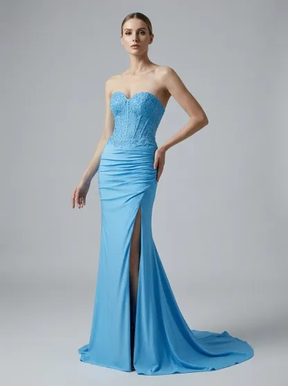 Fuchsia Mermaid Prom Dress | Strapless Ruched Corset Gown with Slit