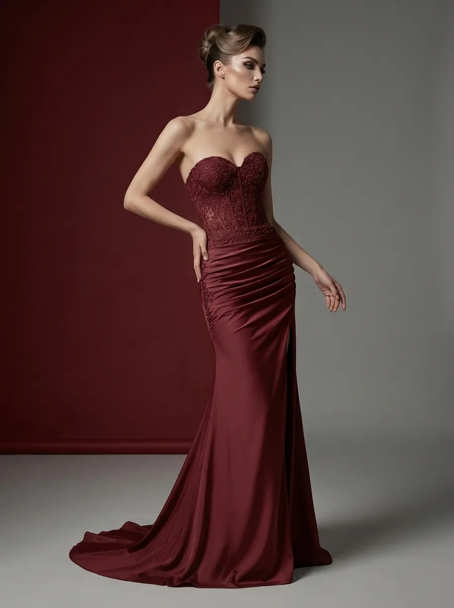 Fuchsia Mermaid Prom Dress | Strapless Ruched Corset Gown with Slit