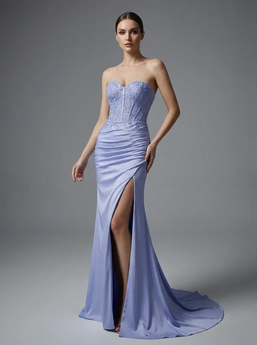 Fuchsia Mermaid Prom Dress | Strapless Ruched Corset Gown with Slit