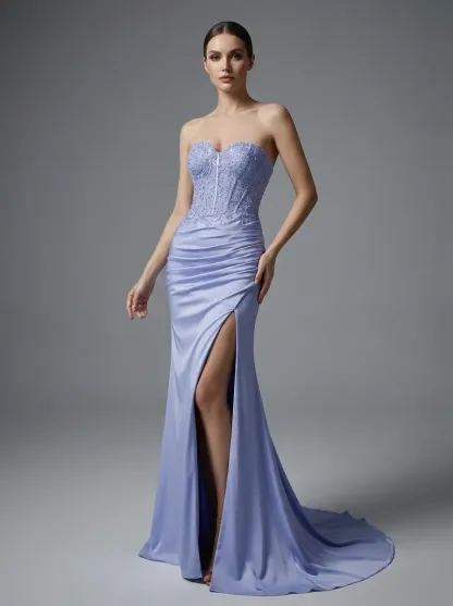 Fuchsia Mermaid Prom Dress | Strapless Ruched Corset Gown with Slit