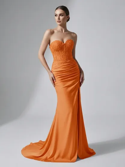 Fuchsia Mermaid Prom Dress | Strapless Ruched Corset Gown with Slit
