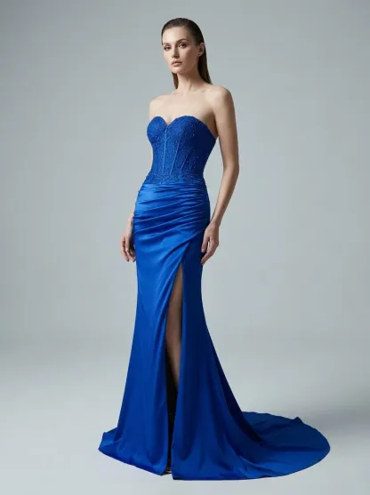 Fuchsia Mermaid Prom Dress | Strapless Ruched Corset Gown with Slit