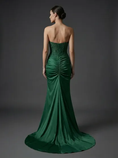 Fuchsia Mermaid Prom Dress | Strapless Ruched Corset Gown with Slit