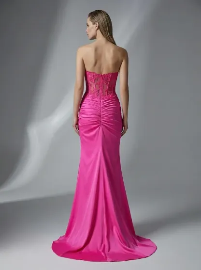 Fuchsia Mermaid Prom Dress | Strapless Ruched Corset Gown with Slit