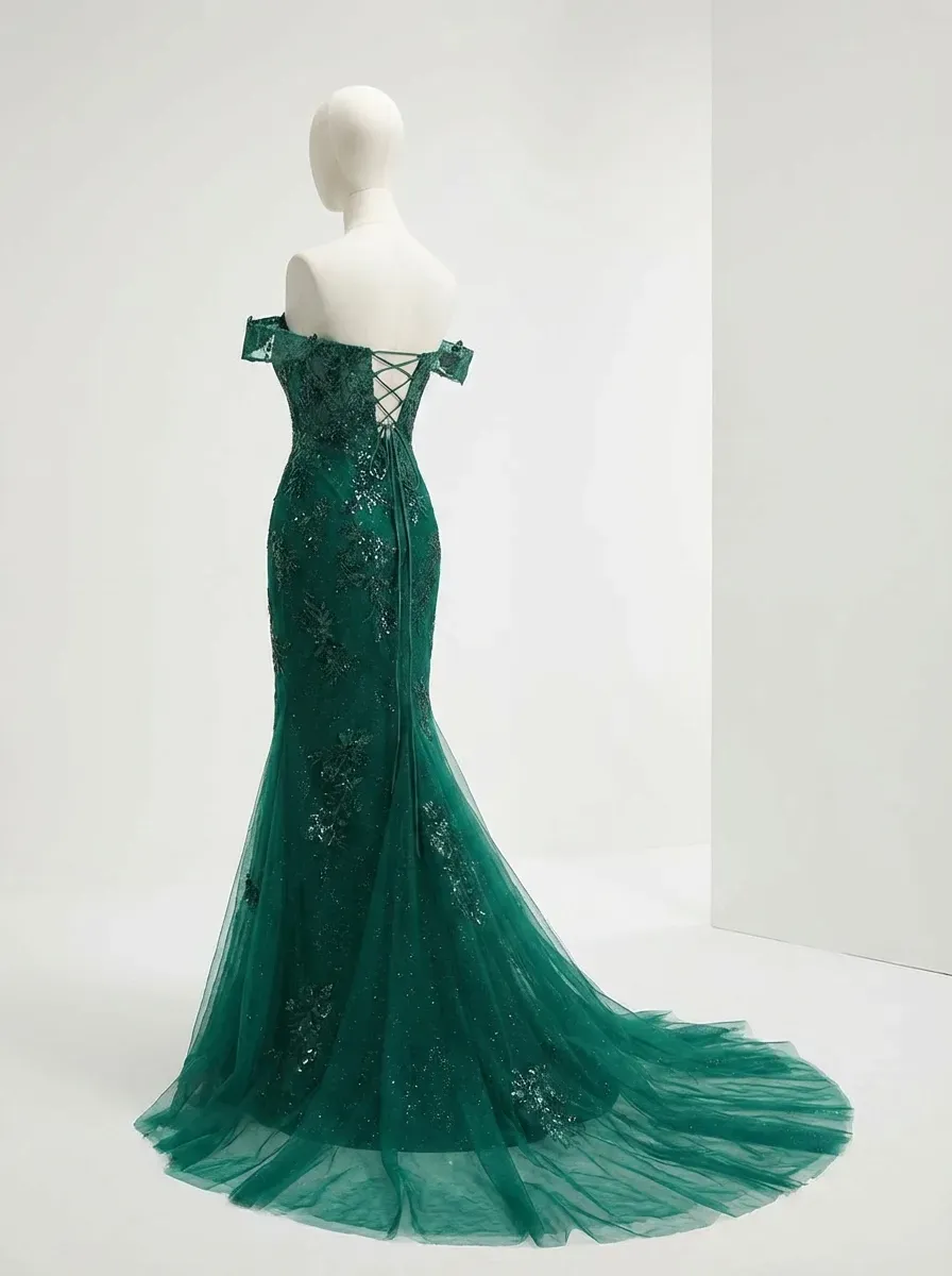Dark Green Mermaid Prom Dress | Off-The-Shoulder Gown with Appliques
