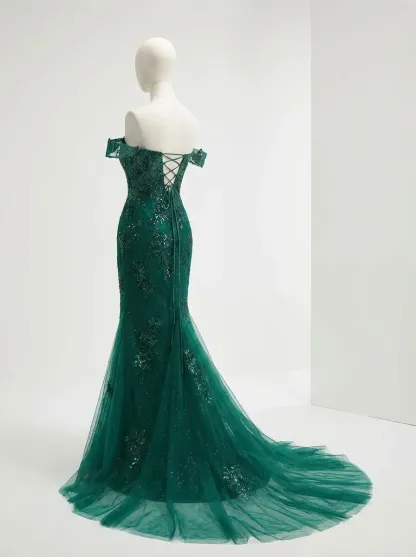 Dark Green Mermaid Prom Dress | Off-The-Shoulder Gown with Appliques