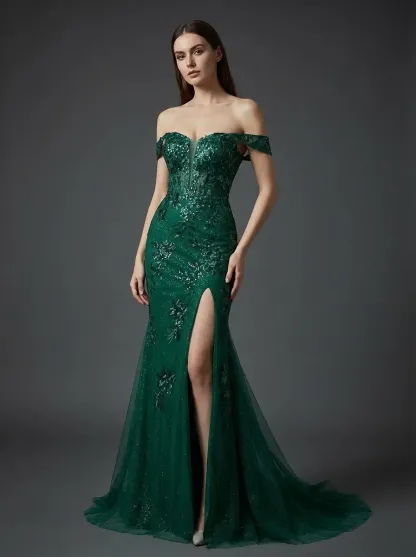 Dark Green Mermaid Prom Dress | Off-The-Shoulder Gown with Appliques