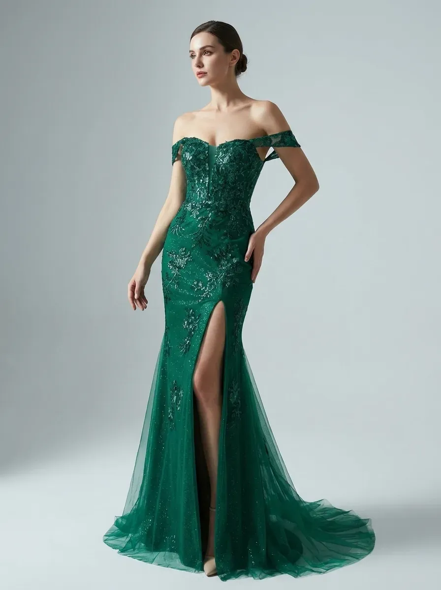 Dark Green Mermaid Prom Dress | Off-The-Shoulder Gown with Appliques