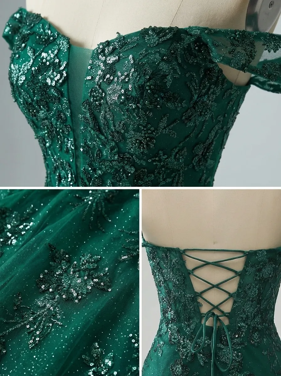 Dark Green Mermaid Prom Dress | Off-The-Shoulder Gown with Appliques