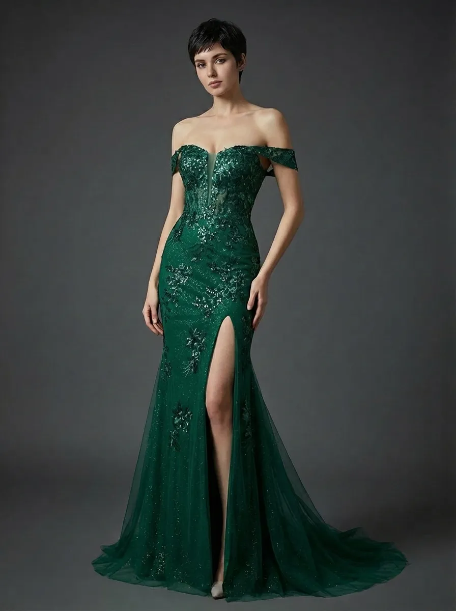 Dark Green Mermaid Prom Dress | Off-The-Shoulder Gown with Appliques