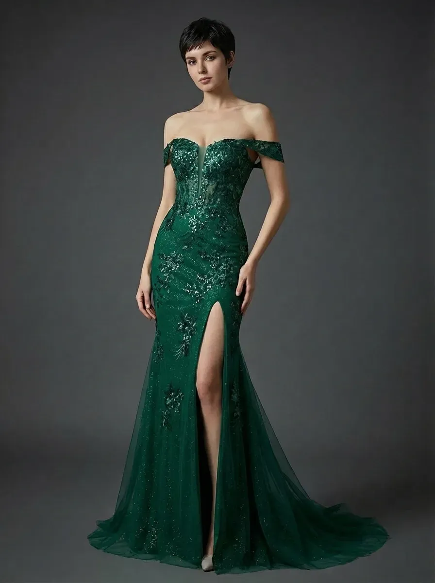 Dark Green Mermaid Prom Dress | Off-The-Shoulder Gown with Appliques