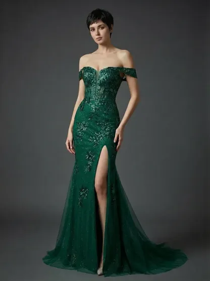 Dark Green Mermaid Prom Dress | Off-The-Shoulder Gown with Appliques