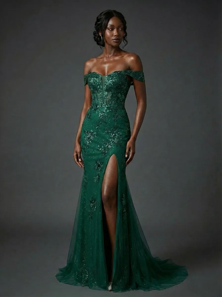 Dark Green Mermaid Prom Dress | Off-The-Shoulder Gown with Appliques