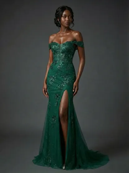 Dark Green Mermaid Prom Dress | Off-The-Shoulder Gown with Appliques