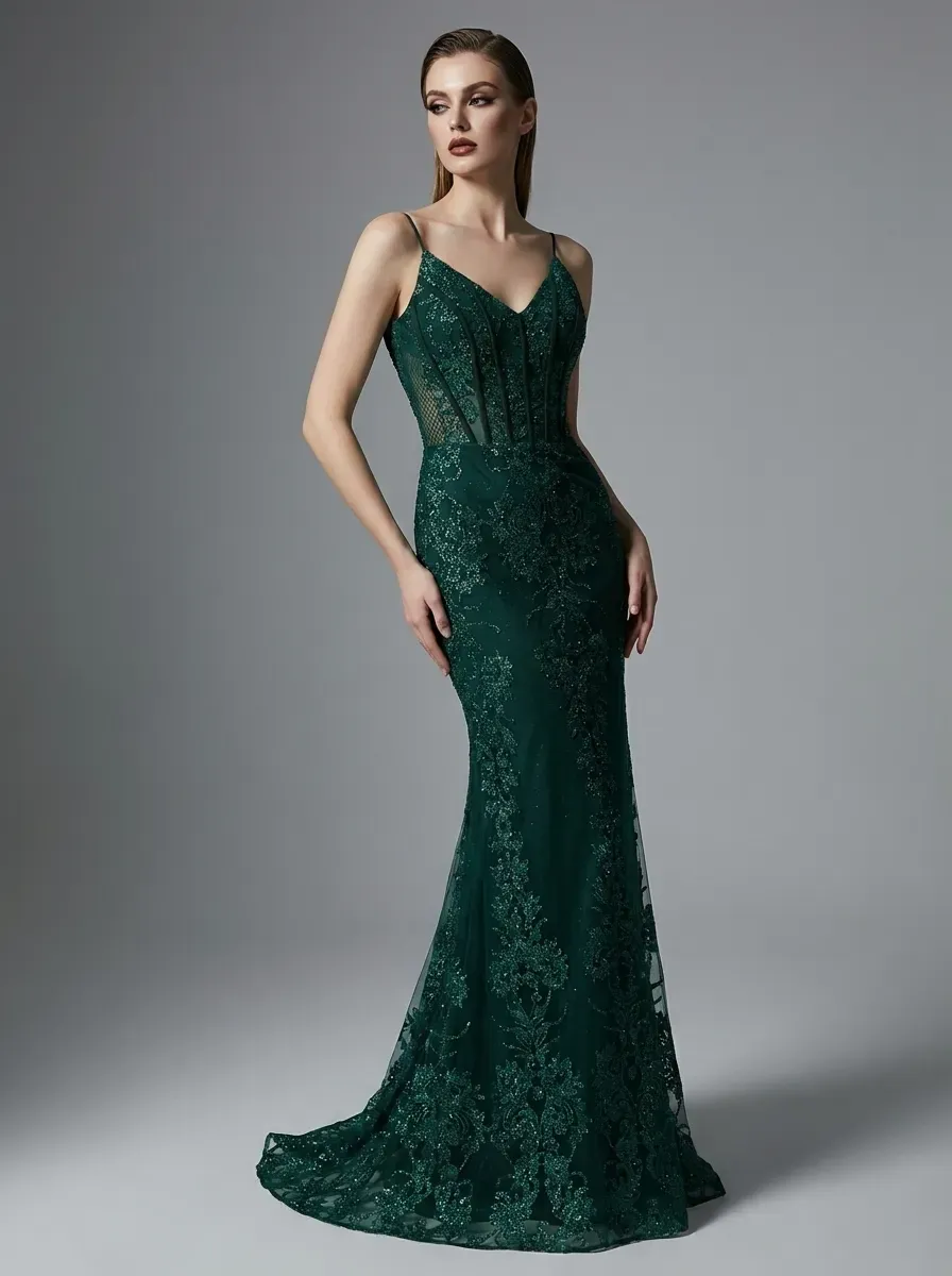 Peacock Green Mermaid Prom Dress | Spaghetti Straps Gown with Appliques