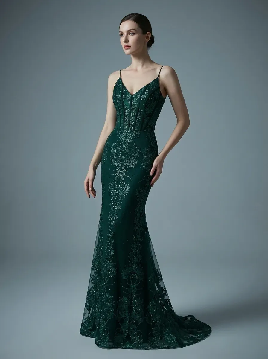 Peacock Green Mermaid Prom Dress | Spaghetti Straps Gown with Appliques