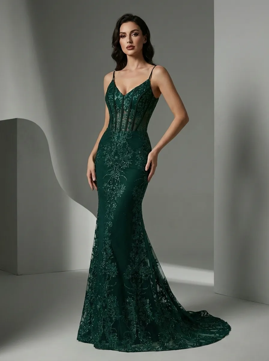 Peacock Green Mermaid Prom Dress | Spaghetti Straps Gown with Appliques