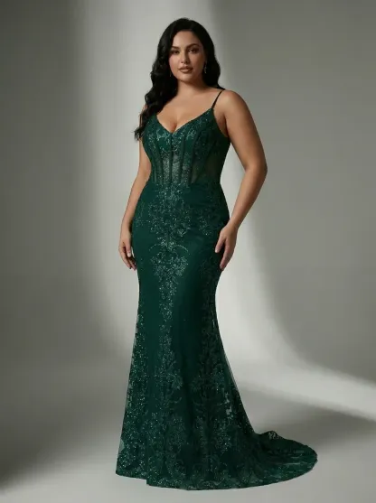 Peacock Green Mermaid Prom Dress | Spaghetti Straps Gown with Appliques
