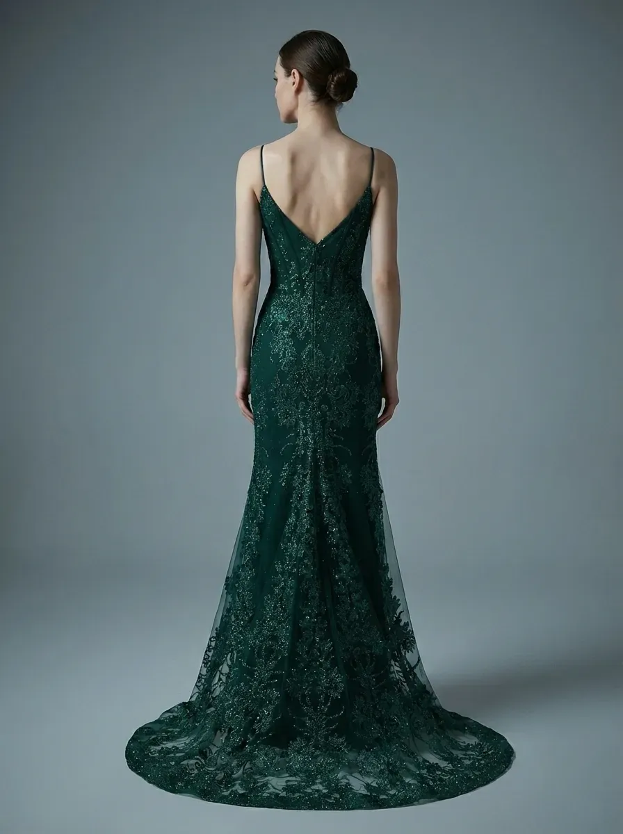 Peacock Green Mermaid Prom Dress | Spaghetti Straps Gown with Appliques