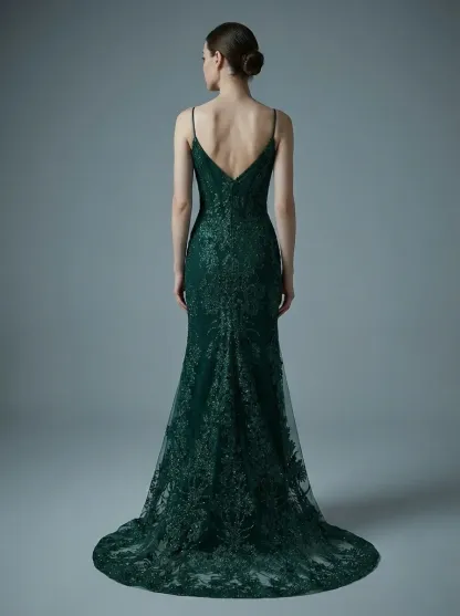 Peacock Green Mermaid Prom Dress | Spaghetti Straps Gown with Appliques