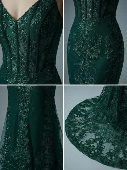 Peacock Green Mermaid Prom Dress | Spaghetti Straps Gown with Appliques
