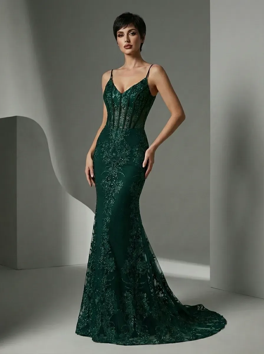 Peacock Green Mermaid Prom Dress | Spaghetti Straps Gown with Appliques