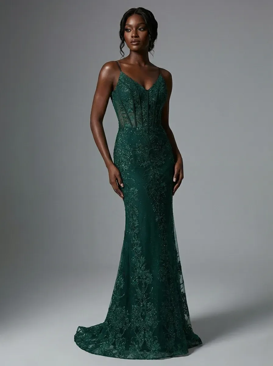Peacock Green Mermaid Prom Dress | Spaghetti Straps Gown with Appliques