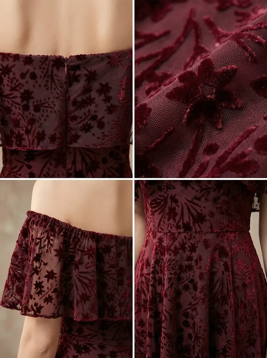Burgundy Floral A-Line Prom Dress | Off-The-Shoulder Evening Gown