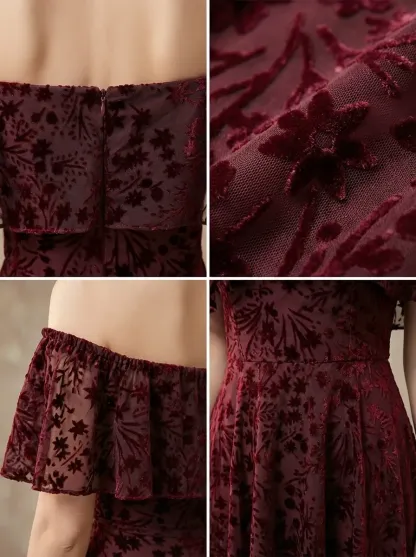Burgundy Floral A-Line Prom Dress | Off-The-Shoulder Evening Gown