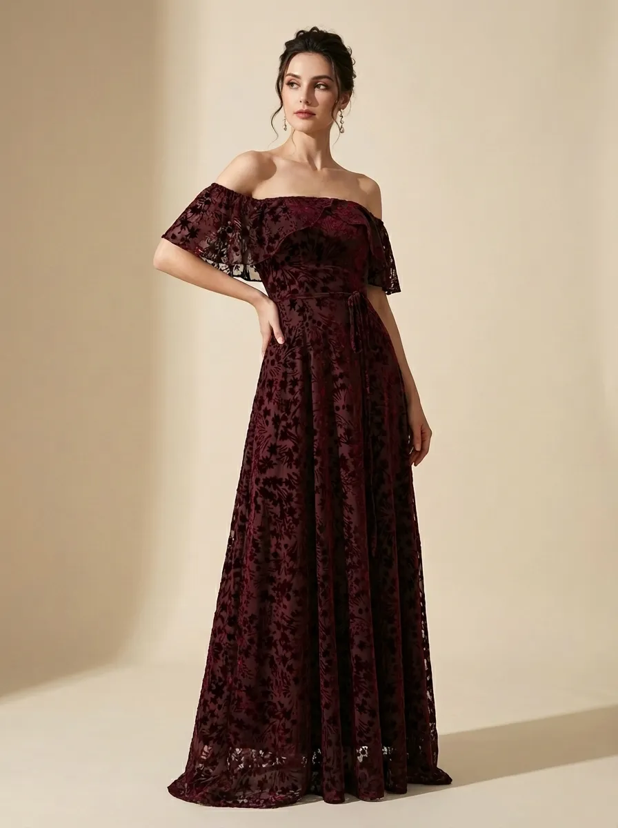 Burgundy Floral A-Line Prom Dress | Off-The-Shoulder Evening Gown