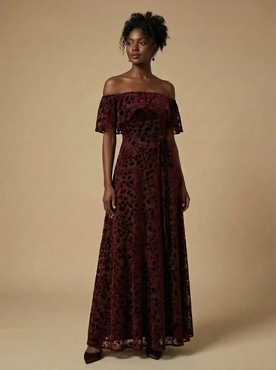 Burgundy Floral A-Line Prom Dress | Off-The-Shoulder Evening Gown