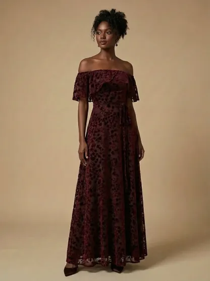 Burgundy Floral A-Line Prom Dress | Off-The-Shoulder Evening Gown