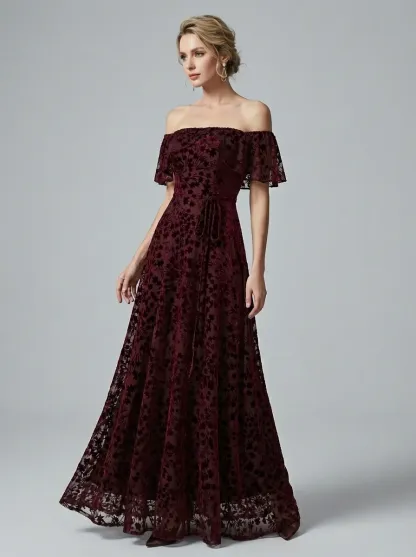 Burgundy Floral A-Line Prom Dress | Off-The-Shoulder Evening Gown