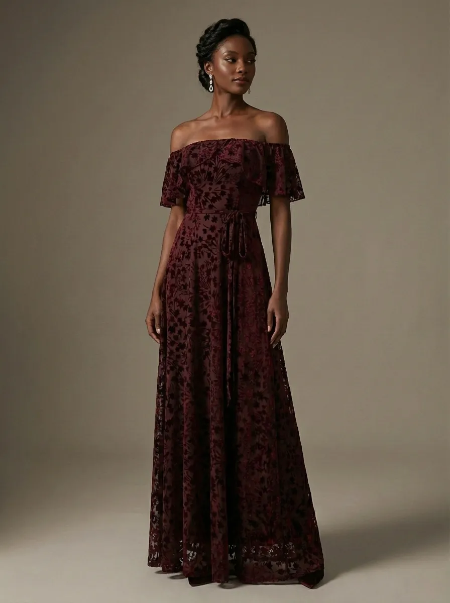 Burgundy Floral A-Line Prom Dress | Off-The-Shoulder Evening Gown