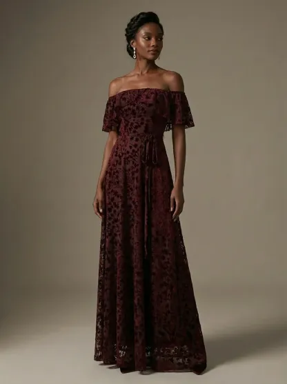 Burgundy Floral A-Line Prom Dress | Off-The-Shoulder Evening Gown