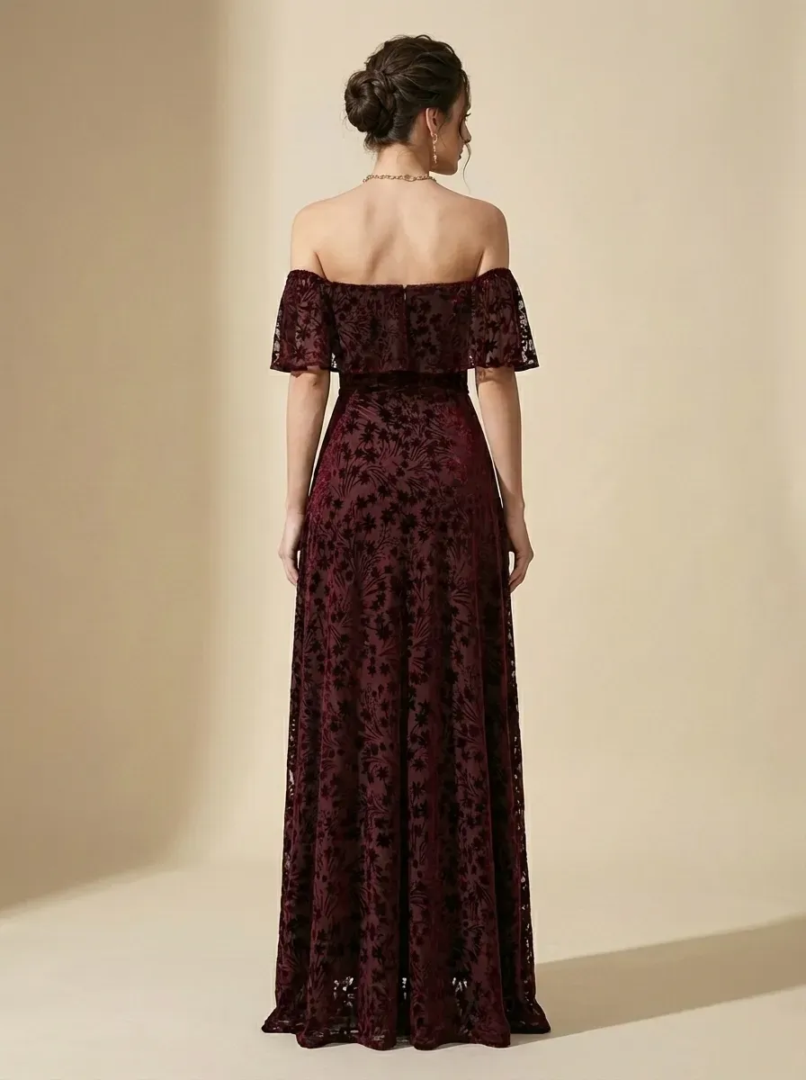 Burgundy Floral A-Line Prom Dress | Off-The-Shoulder Evening Gown