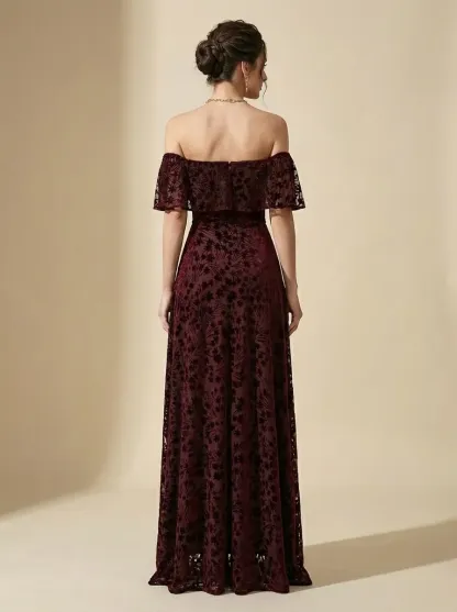 Burgundy Floral A-Line Prom Dress | Off-The-Shoulder Evening Gown