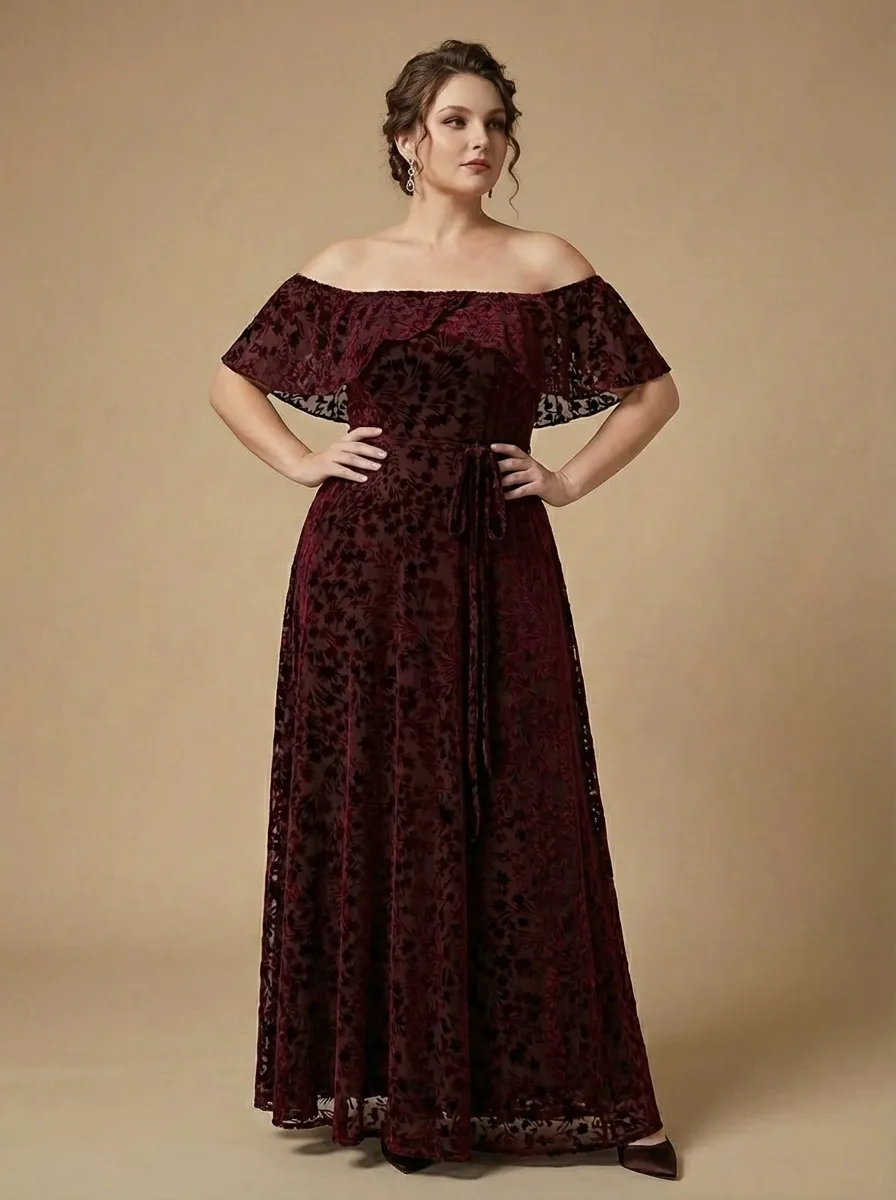Burgundy Floral A-Line Prom Dress | Off-The-Shoulder Evening Gown