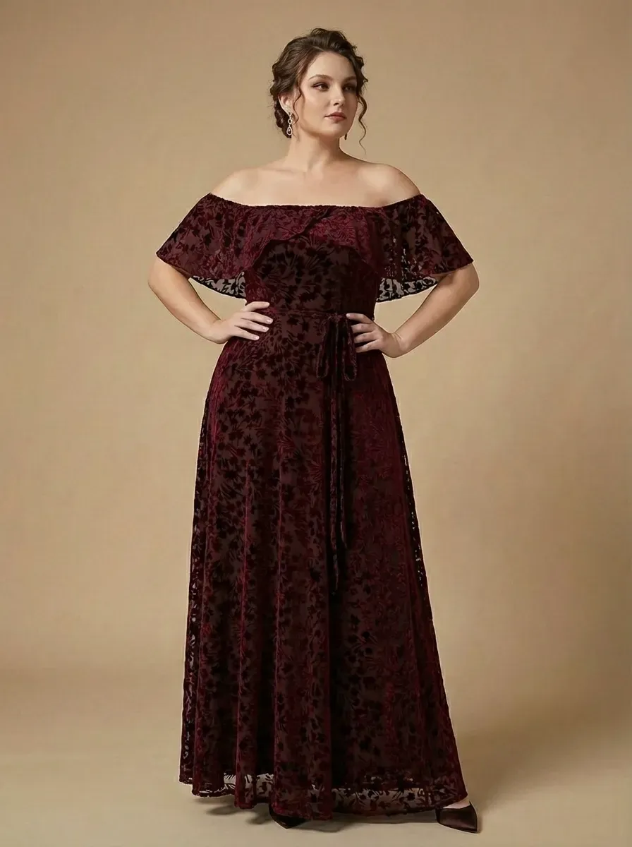Burgundy Floral A-Line Prom Dress | Off-The-Shoulder Evening Gown