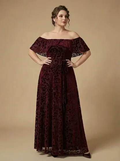 Burgundy Floral A-Line Prom Dress | Off-The-Shoulder Evening Gown