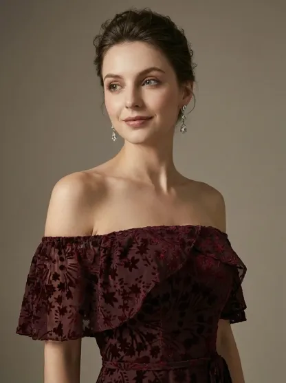 Burgundy Floral A-Line Prom Dress | Off-The-Shoulder Evening Gown