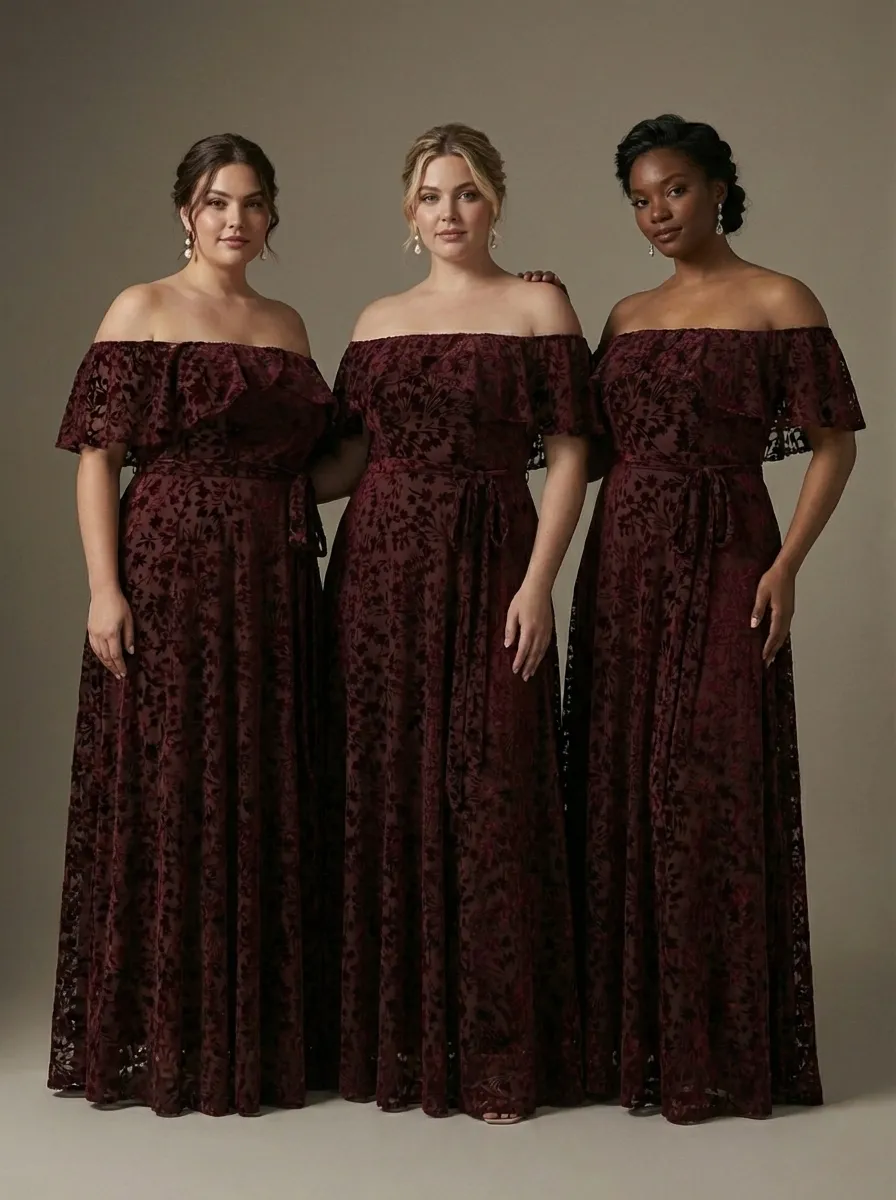 Burgundy Floral A-Line Prom Dress | Off-The-Shoulder Evening Gown