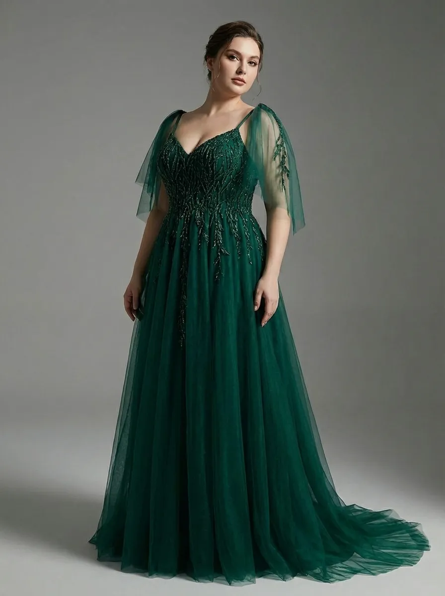 Dark Green Beaded A-Line Prom Dress | Spaghetti Straps Tulle Gown