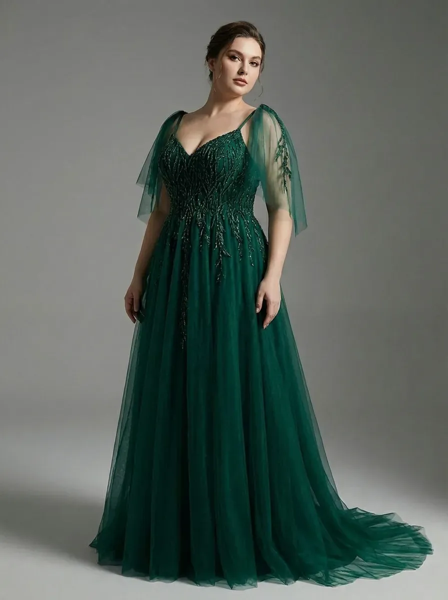 Dark Green Beaded A-Line Prom Dress | Spaghetti Straps Tulle Gown