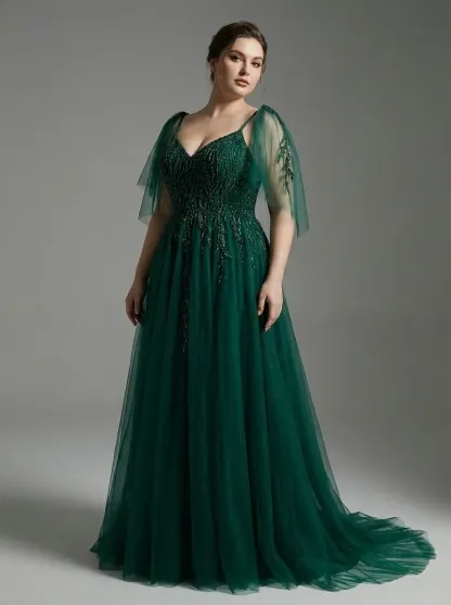 Dark Green Beaded A-Line Prom Dress | Spaghetti Straps Tulle Gown