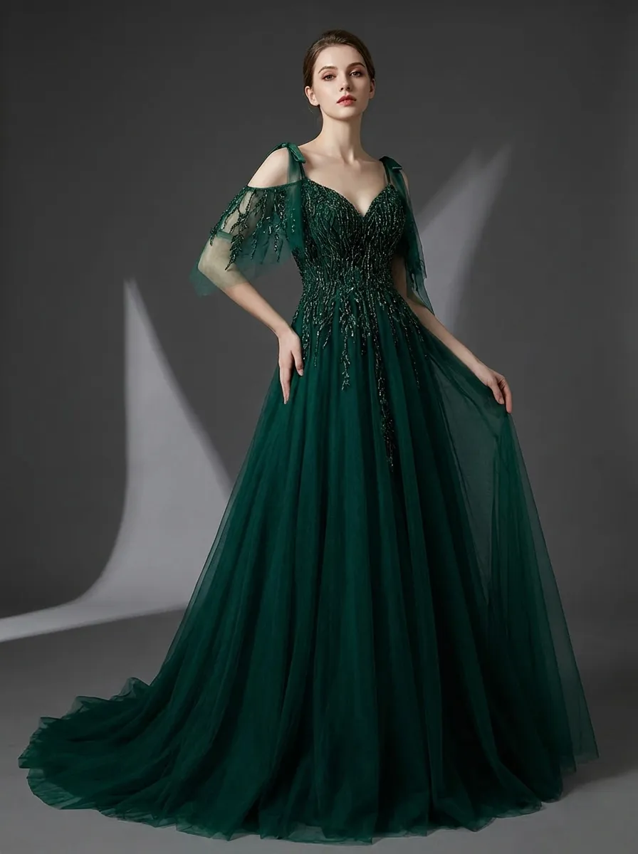 Dark Green Beaded A-Line Prom Dress | Spaghetti Straps Tulle Gown