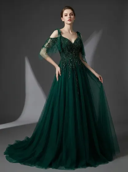 Dark Green Beaded A-Line Prom Dress | Spaghetti Straps Tulle Gown