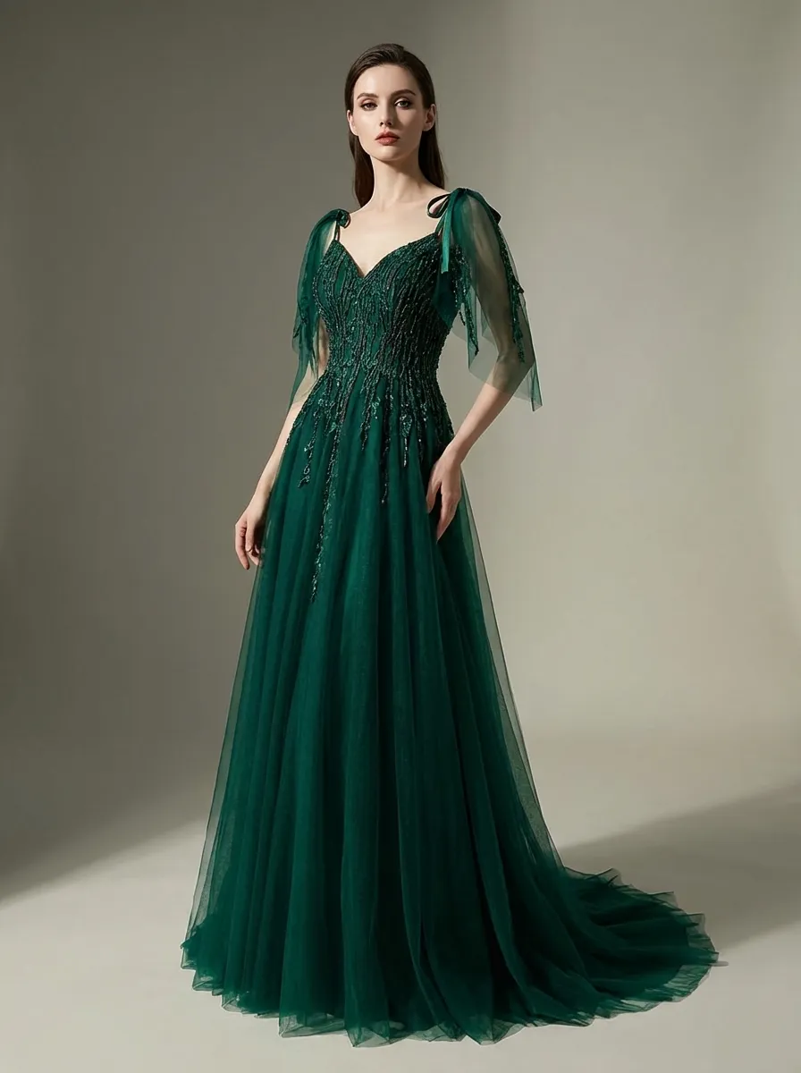 Dark Green Beaded A-Line Prom Dress | Spaghetti Straps Tulle Gown