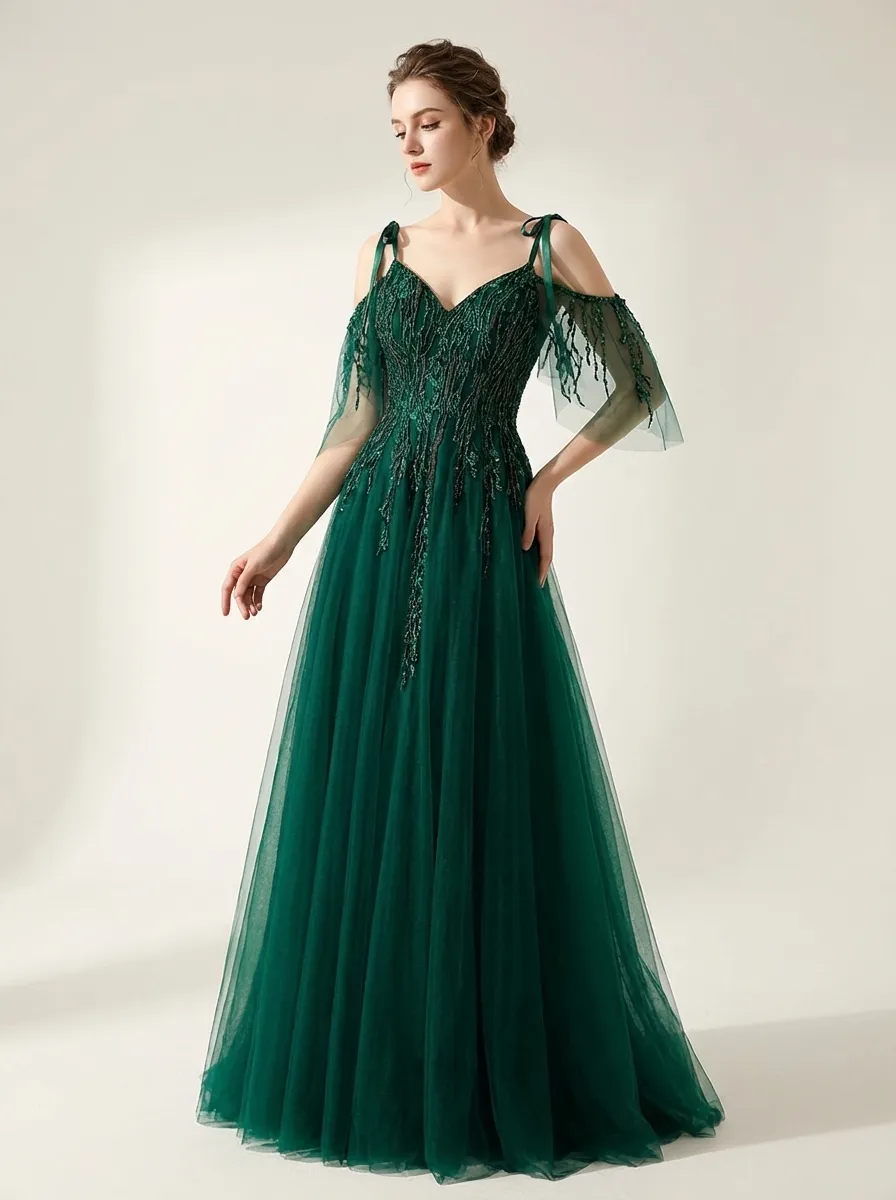 Dark Green Beaded A-Line Prom Dress | Spaghetti Straps Tulle Gown